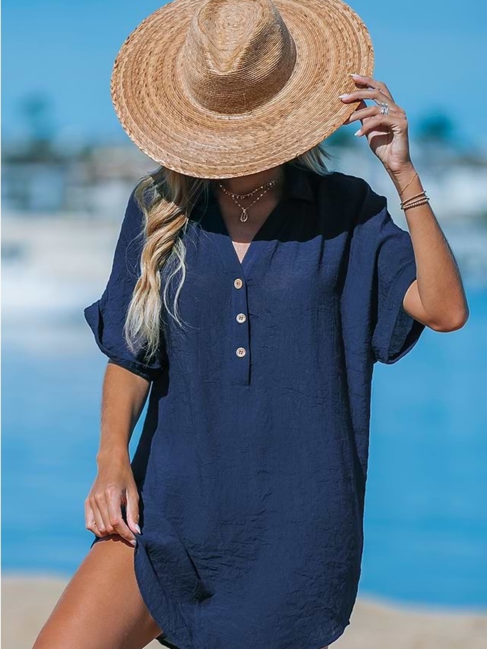 Cupshe Navy Button-Front Women's Swim Cover-Up Large‎ NWT S-11